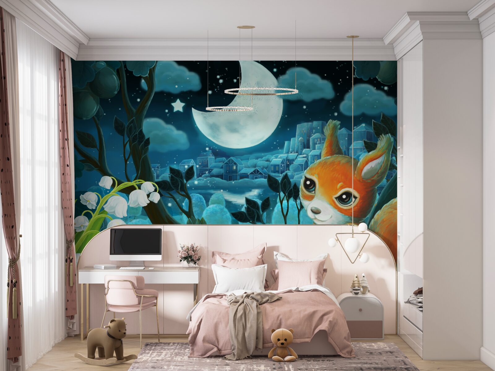 Fotobehang eekhoorn bewondert de maan die over de stad schijnt