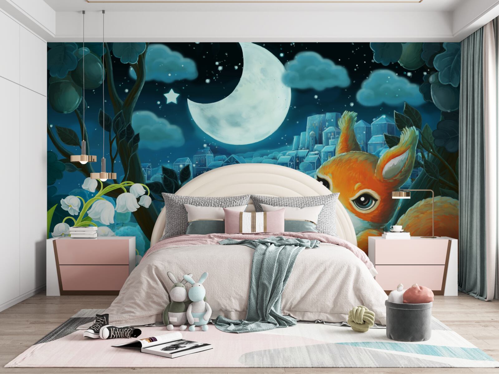 Fotobehang eekhoorn bewondert de maan die over de stad schijnt