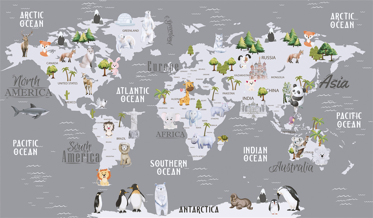 Fotobehang wereldkaart met belangrijkste inwoners en belangrijke monumenten