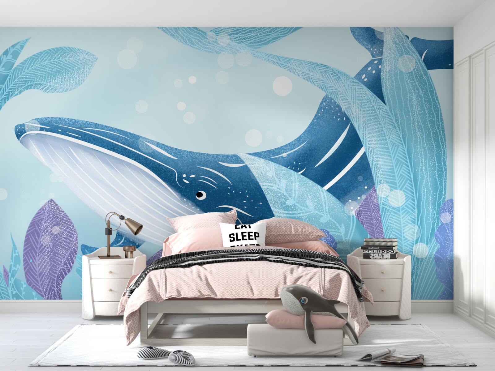 Fotobehang er zit een enorme potvis verstopt in de bladeren