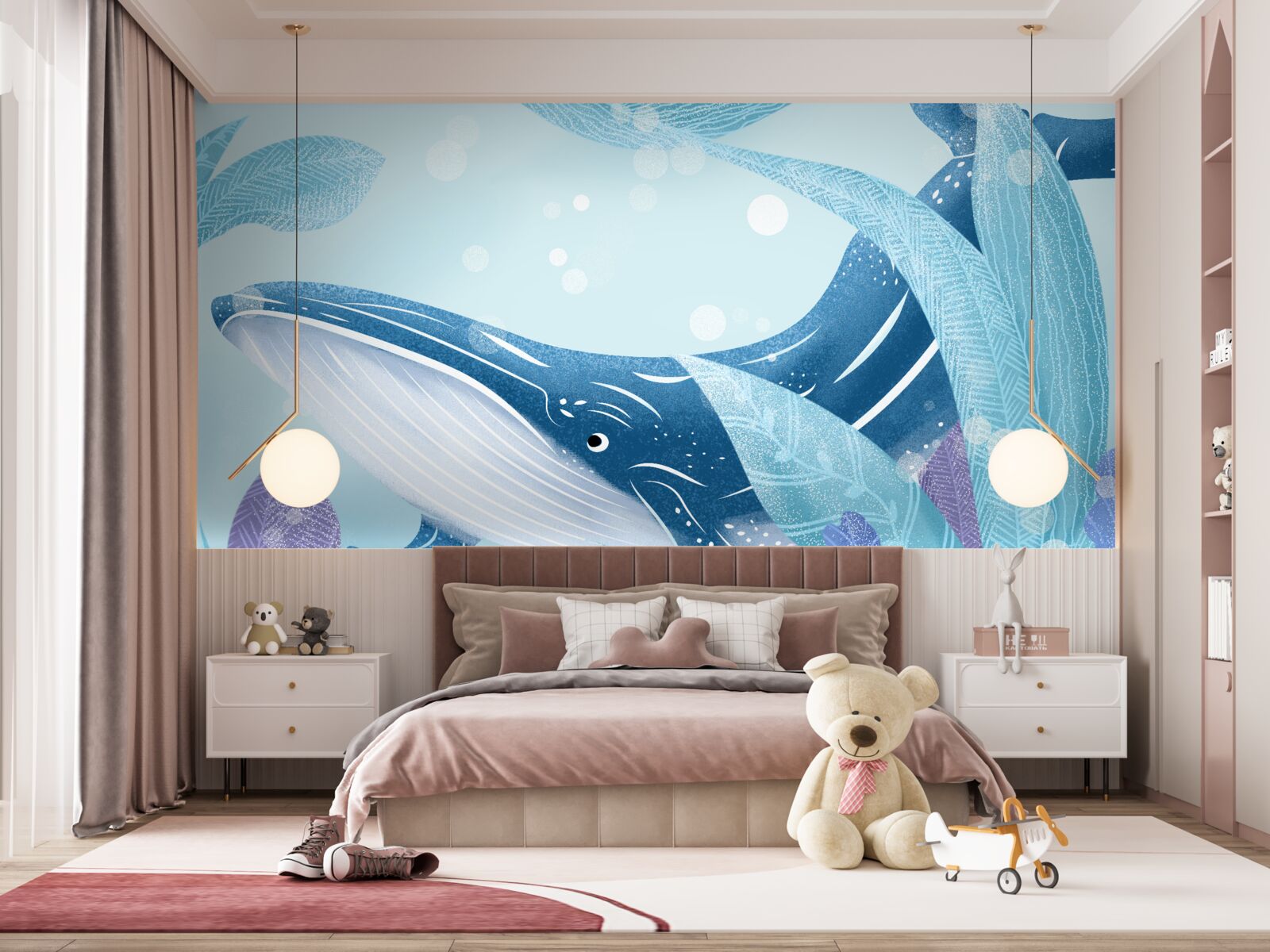 Fotobehang er zit een enorme potvis verstopt in de bladeren