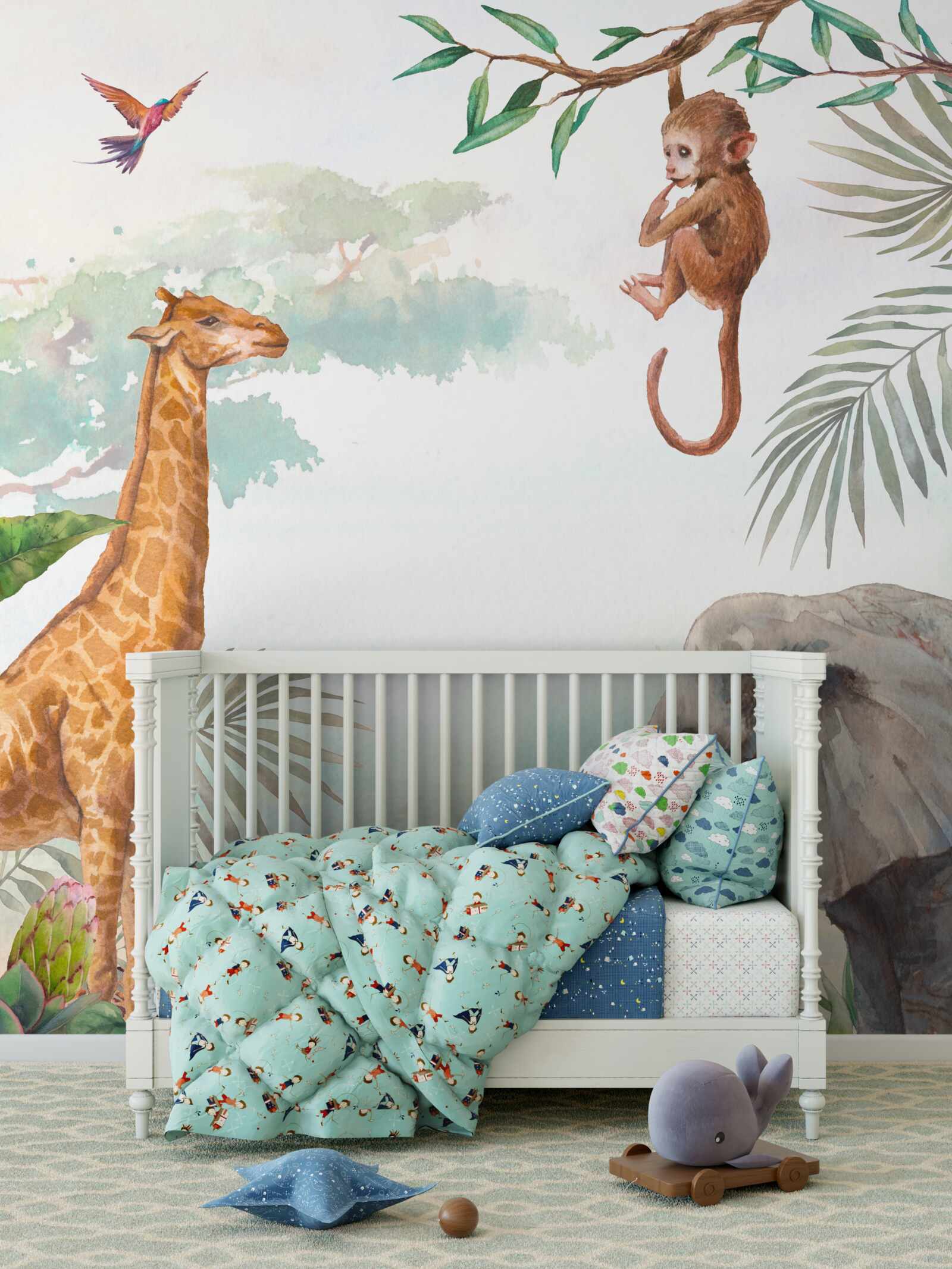 Fotobehang Giraffe bewondert aap in boom