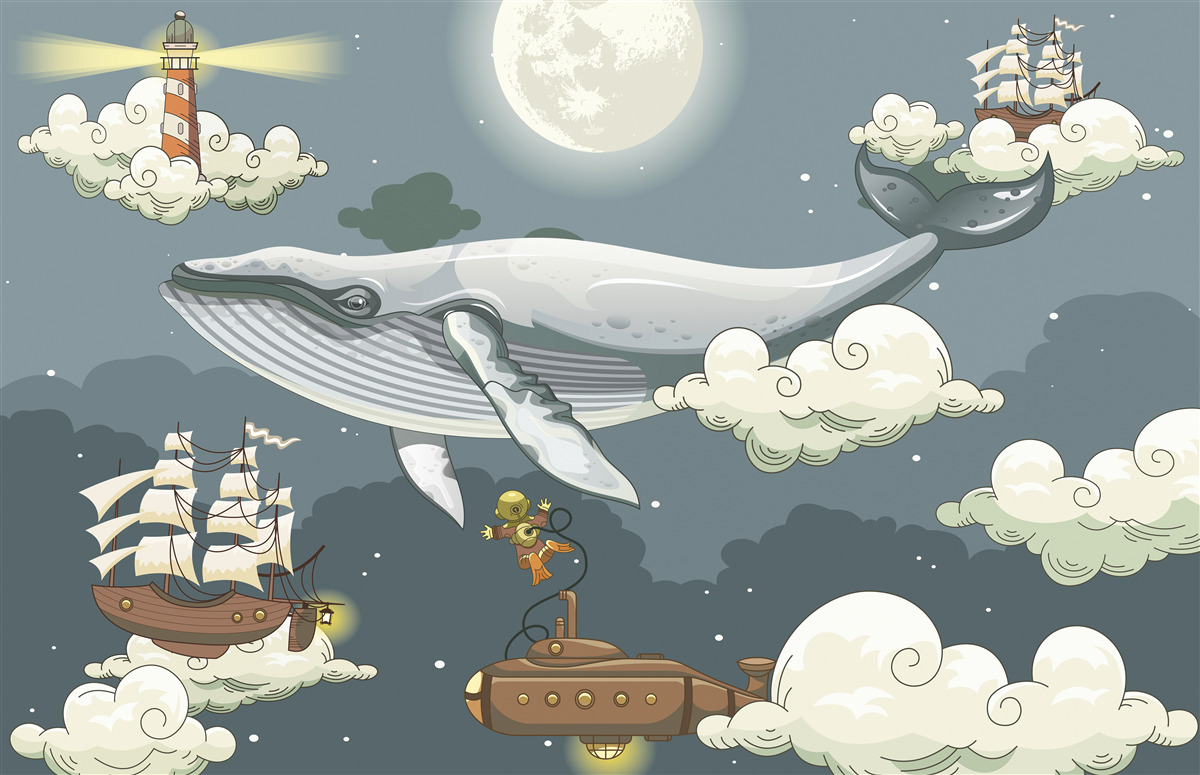 Fotobehang onderwatertoeristen en een walvis