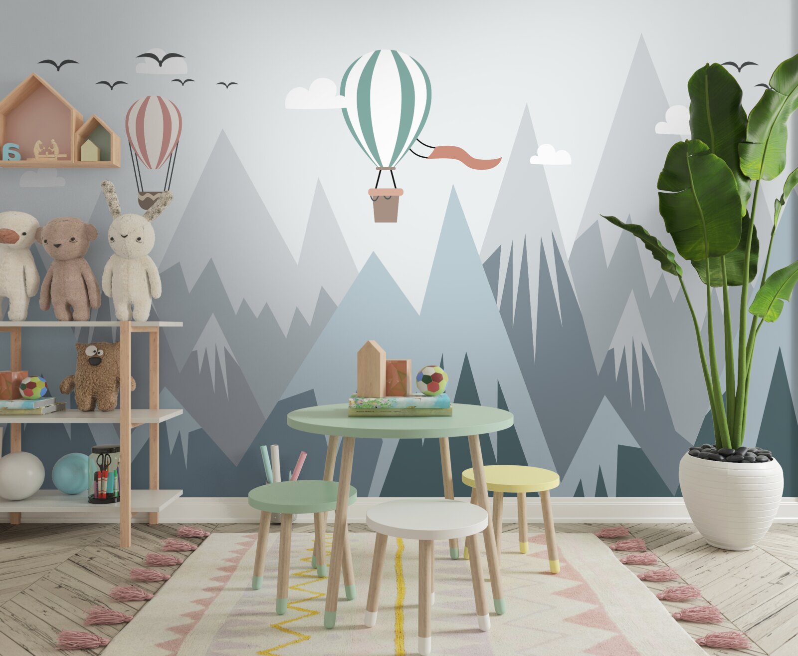 Fotobehang heteluchtballonnen vlogen over de bergen