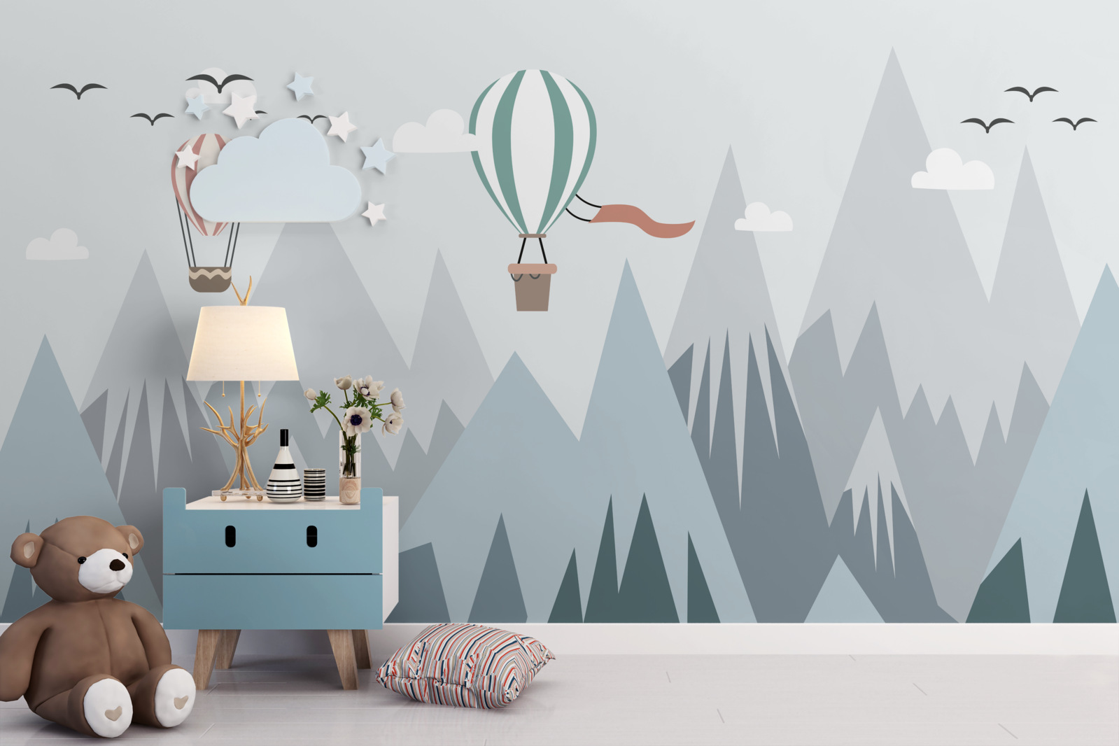 Fotobehang heteluchtballonnen vlogen over de bergen