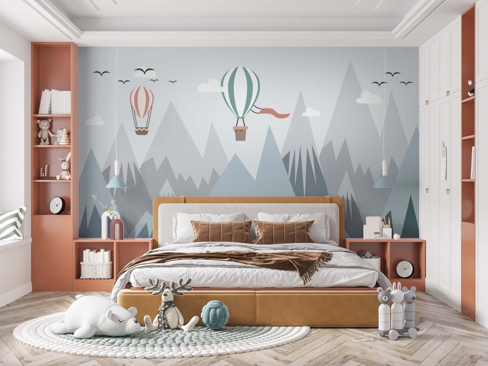 Fotobehang heteluchtballonnen vlogen over de bergen