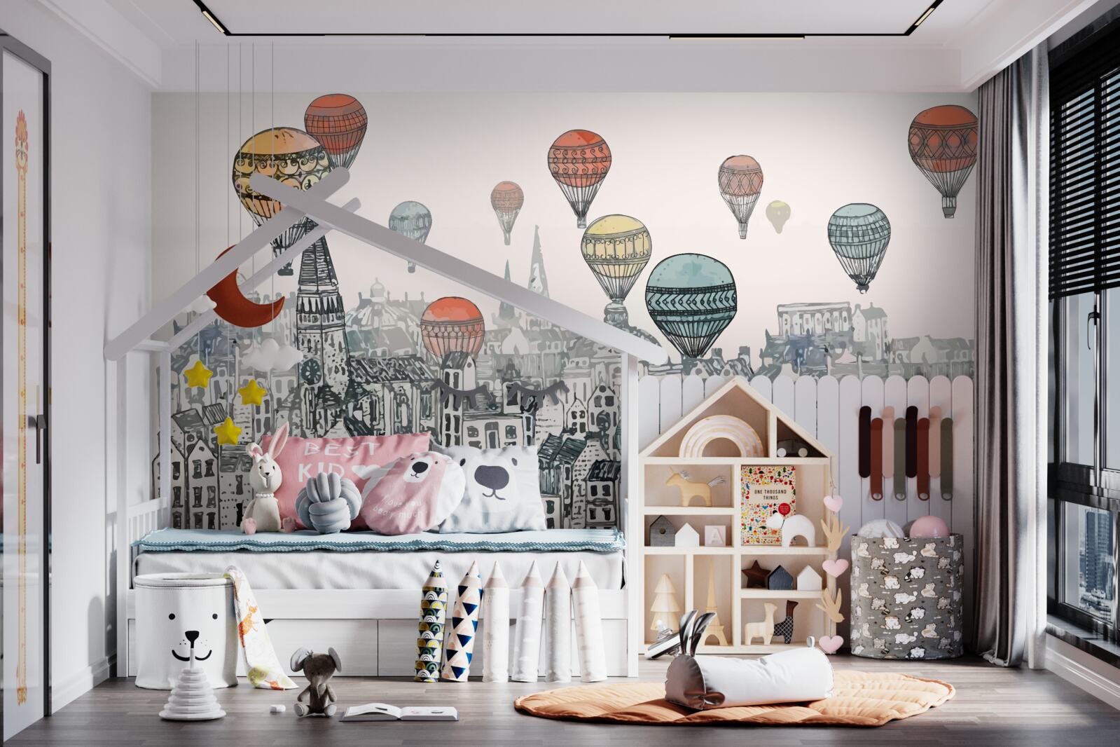 Fotobehang ballonnen zweven boven de stad