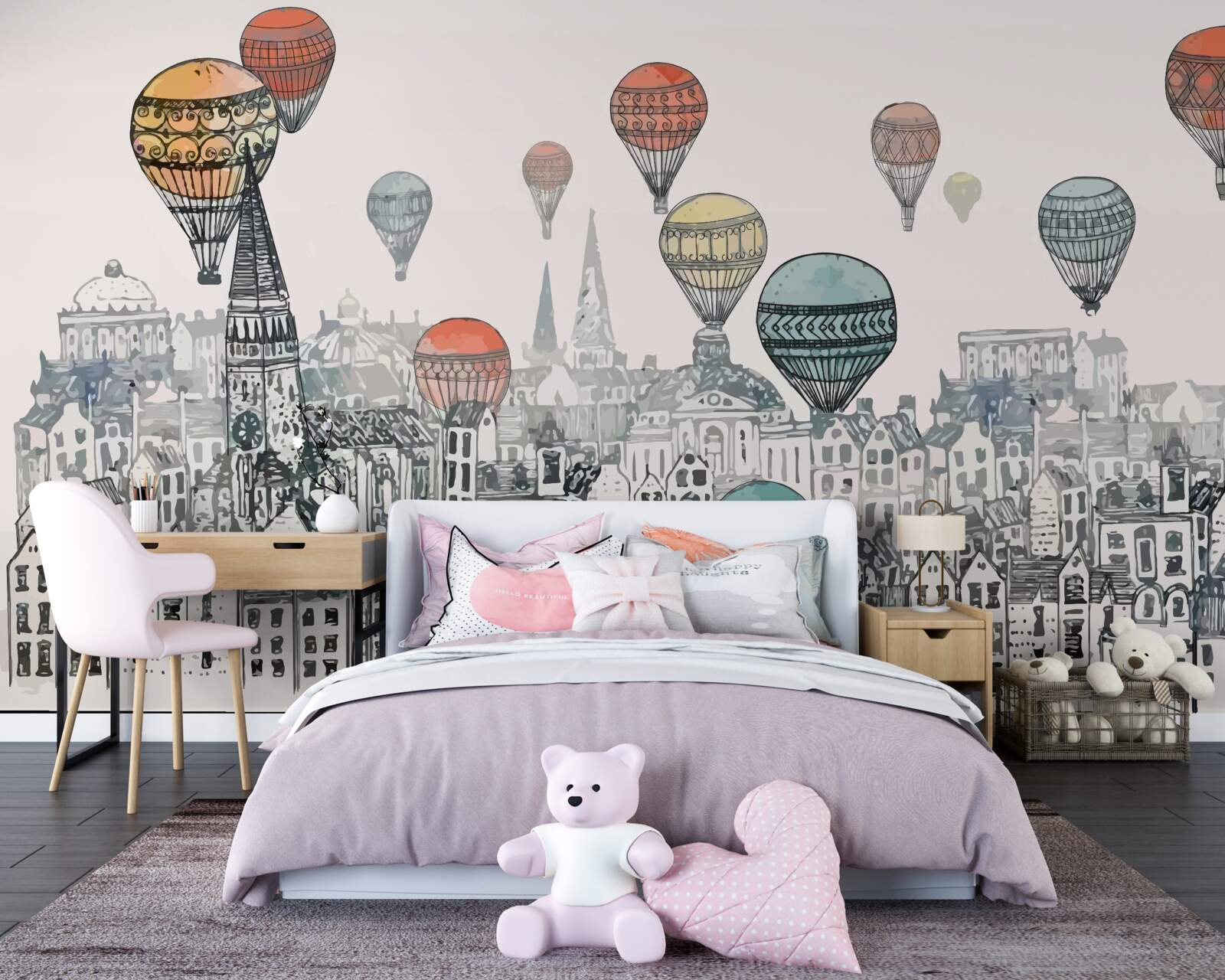 Fotobehang ballonnen zweven boven de stad