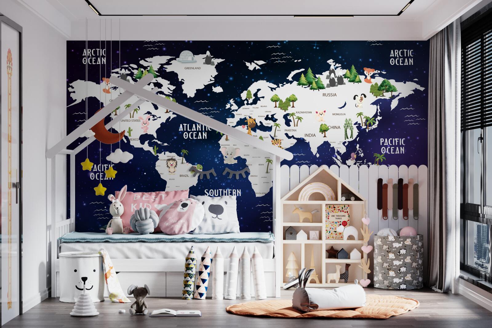 Fotobehang kaart van de wereld bij nacht met oceanen gemarkeerd