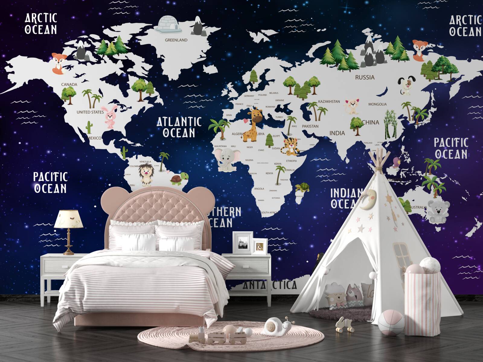 Fotobehang kaart van de wereld bij nacht met oceanen gemarkeerd