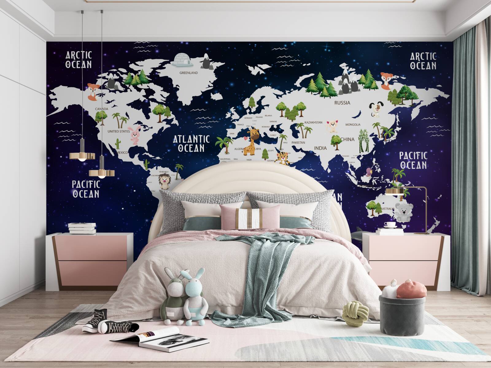 Fotobehang kaart van de wereld bij nacht met oceanen gemarkeerd