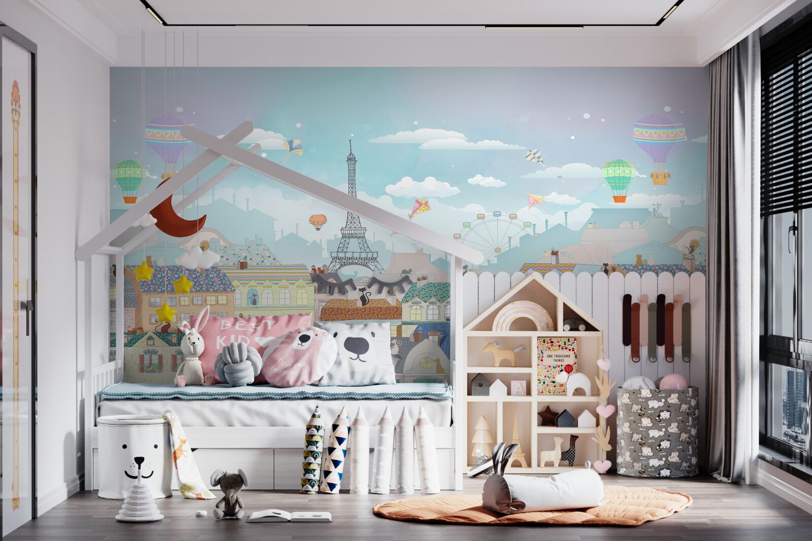 Fotobehang kleine katten op de daken van stadsgebouwen