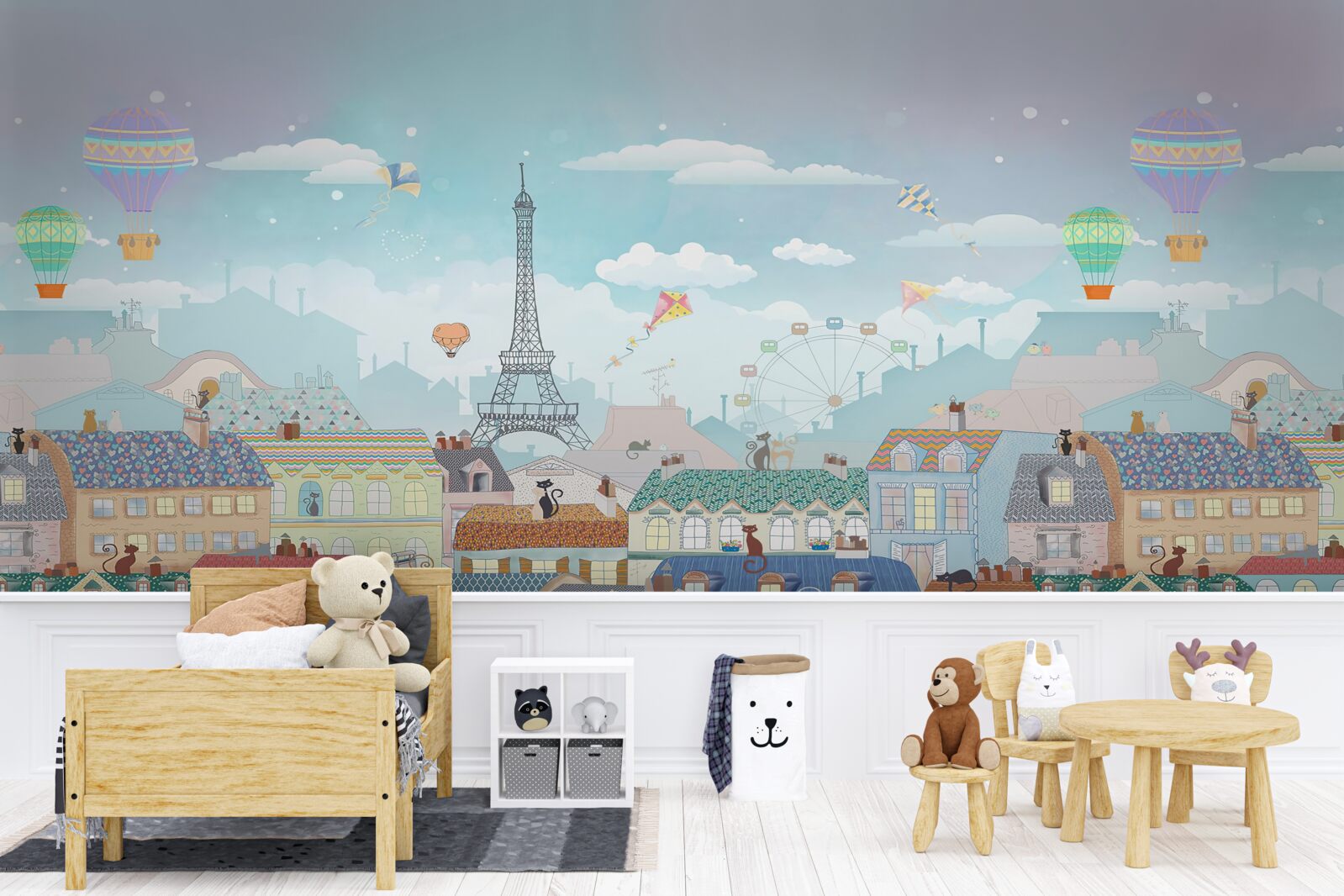 Fotobehang kleine katten op de daken van stadsgebouwen