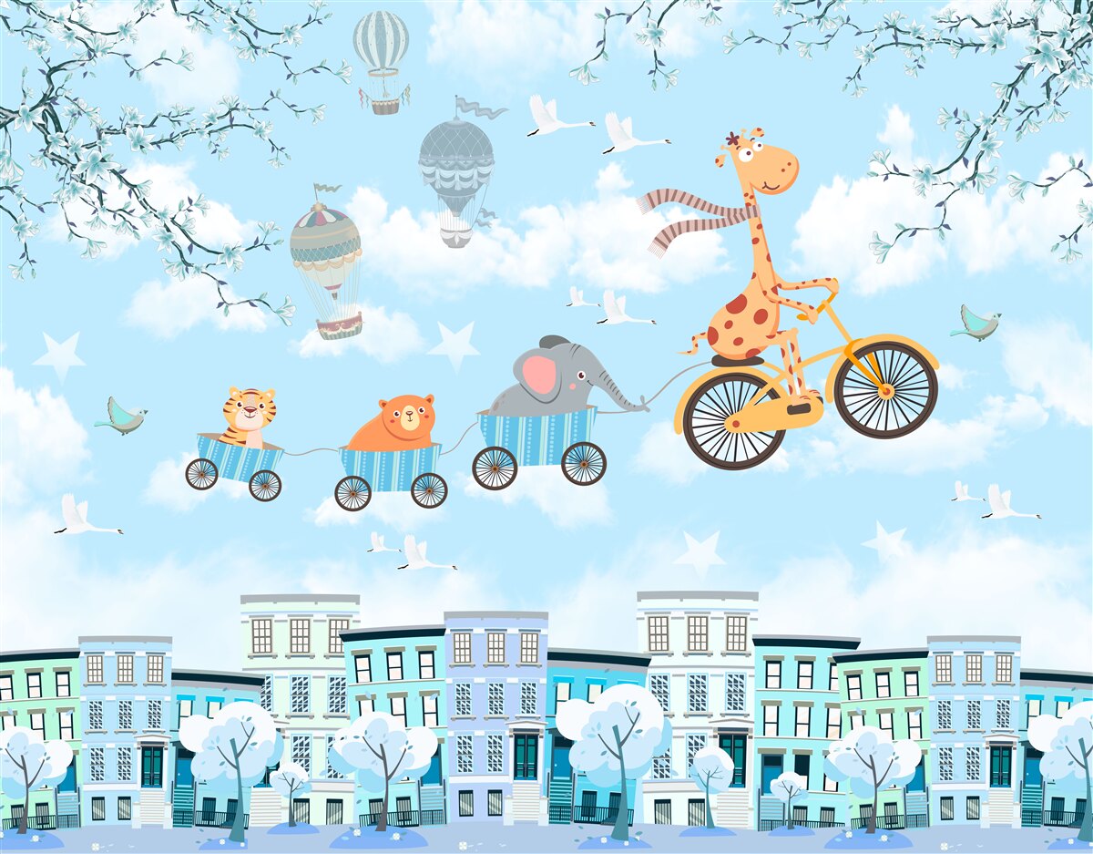 Fotobehang een groep jonge vrienden met een giraffe keren terug naar huis