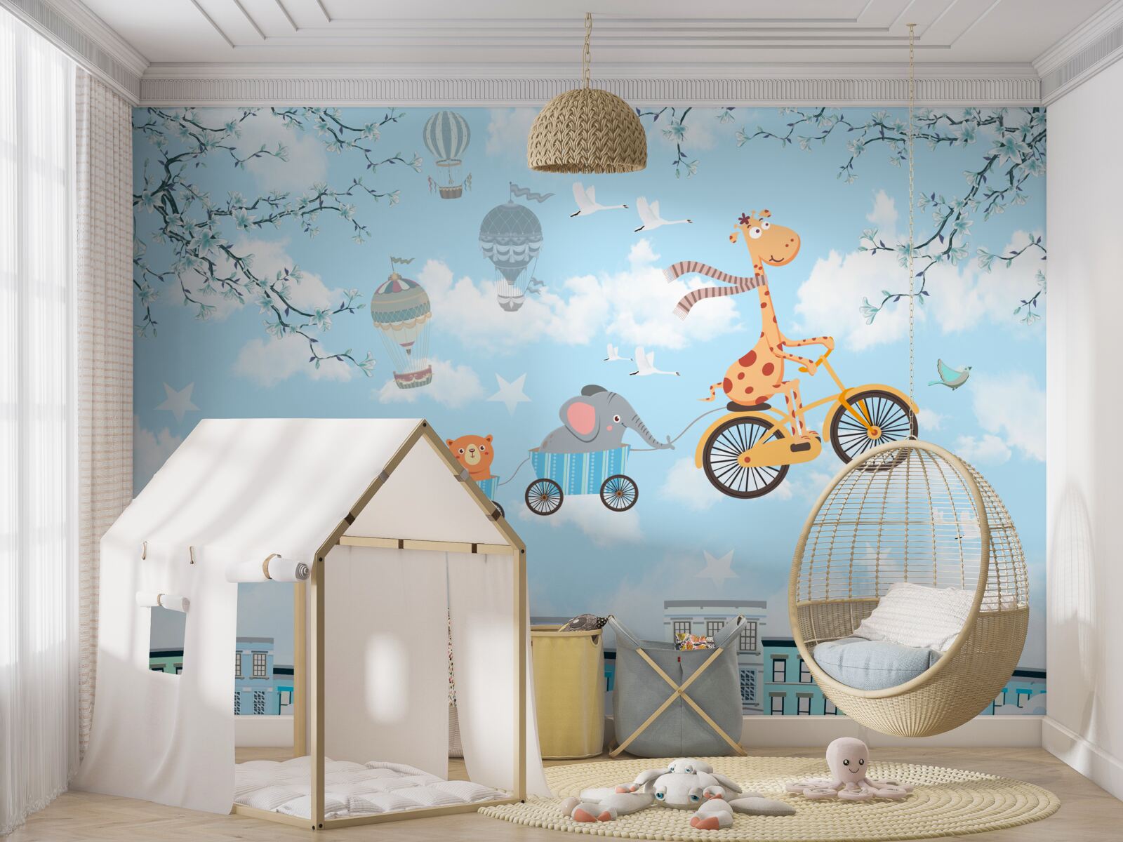 Fotobehang een groep jonge vrienden met een giraffe keren terug naar huis