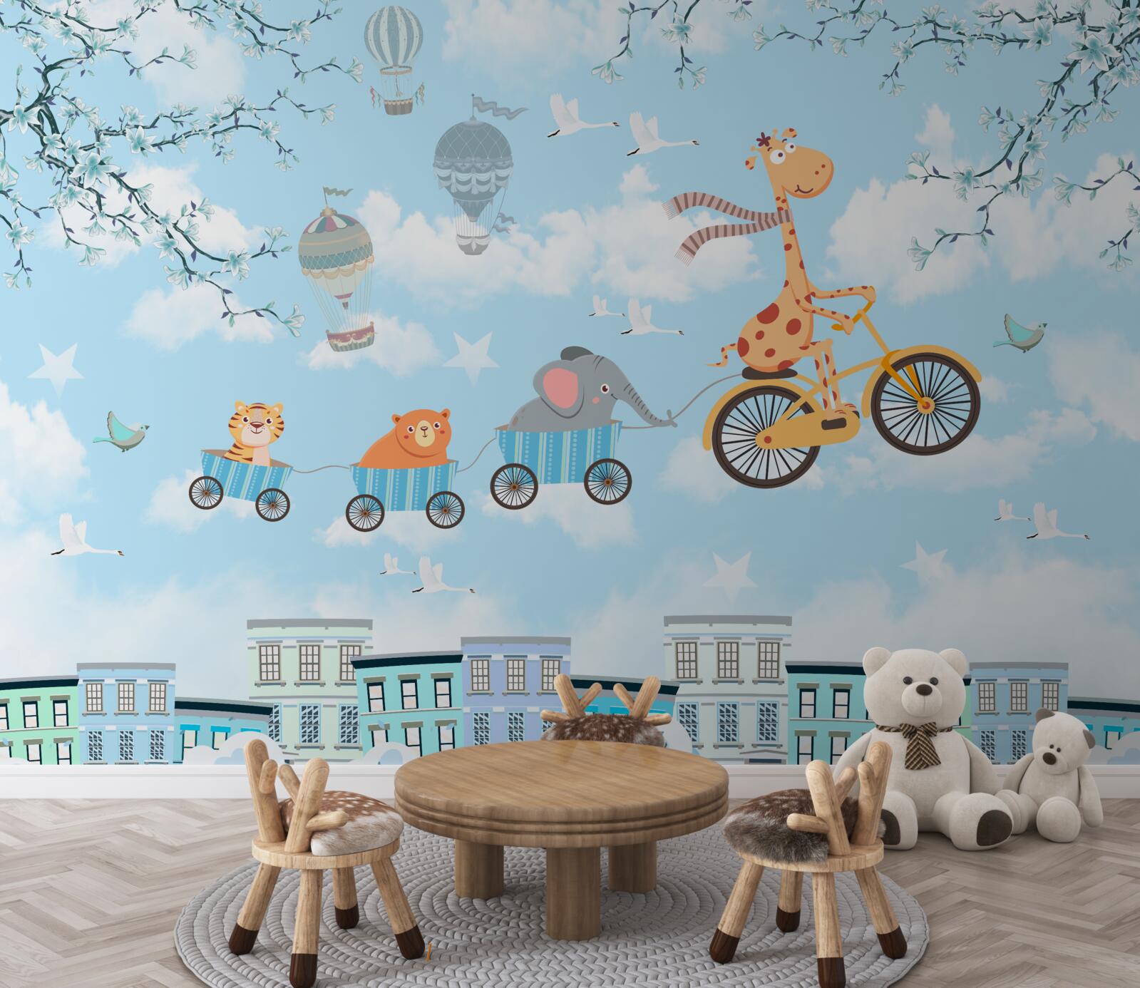 Fotobehang een groep jonge vrienden met een giraffe keren terug naar huis