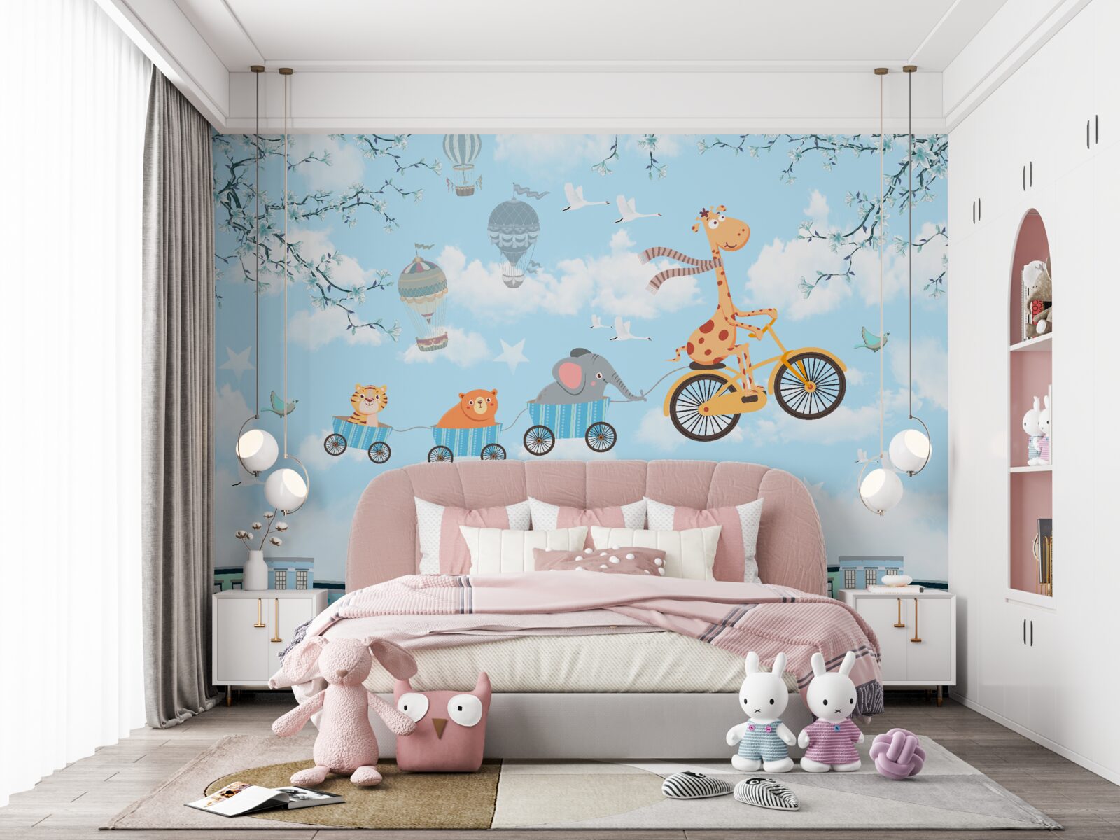 Fotobehang een groep jonge vrienden met een giraffe keren terug naar huis