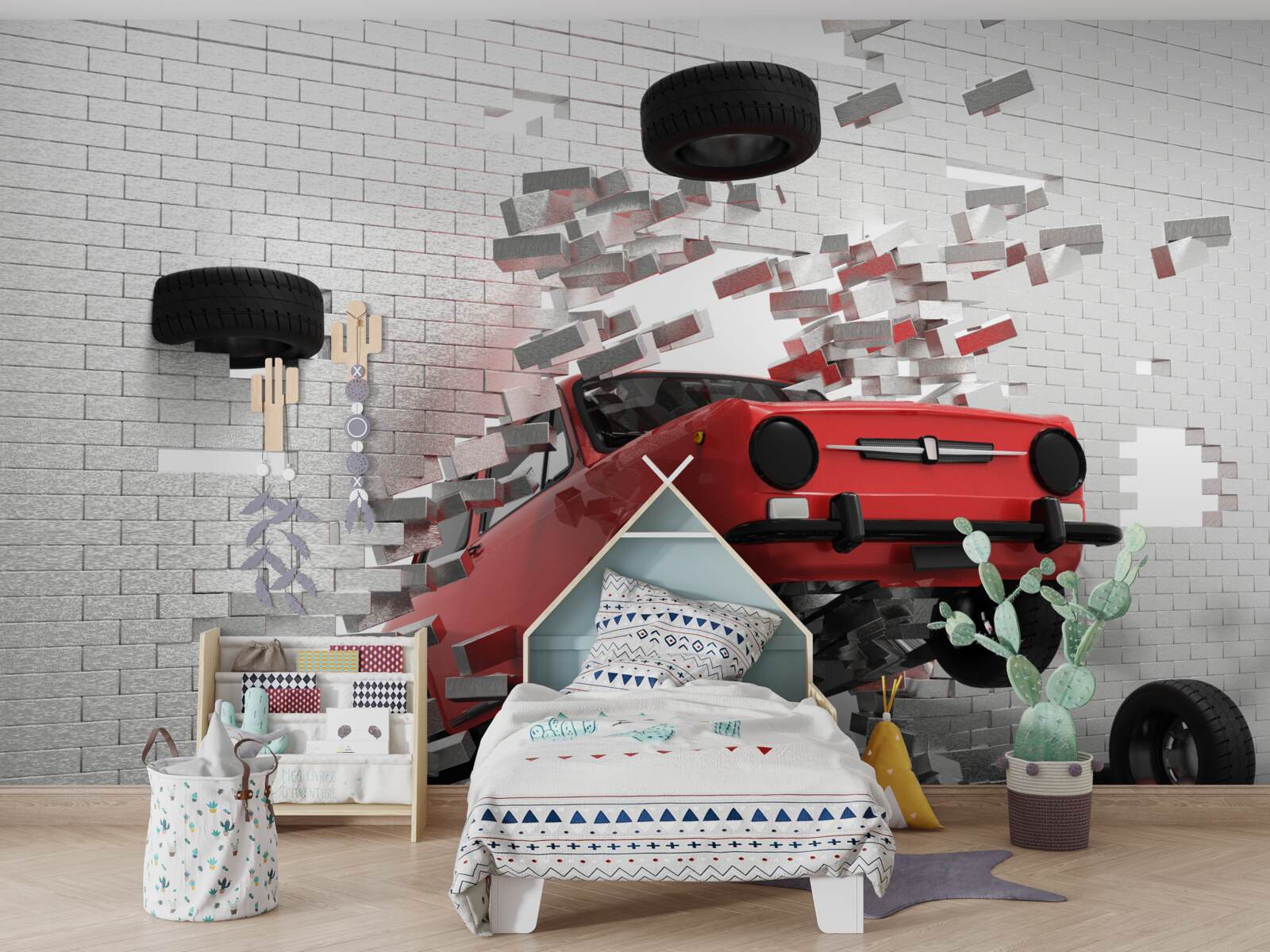 Fotobehang auto slaat door bakstenen muur