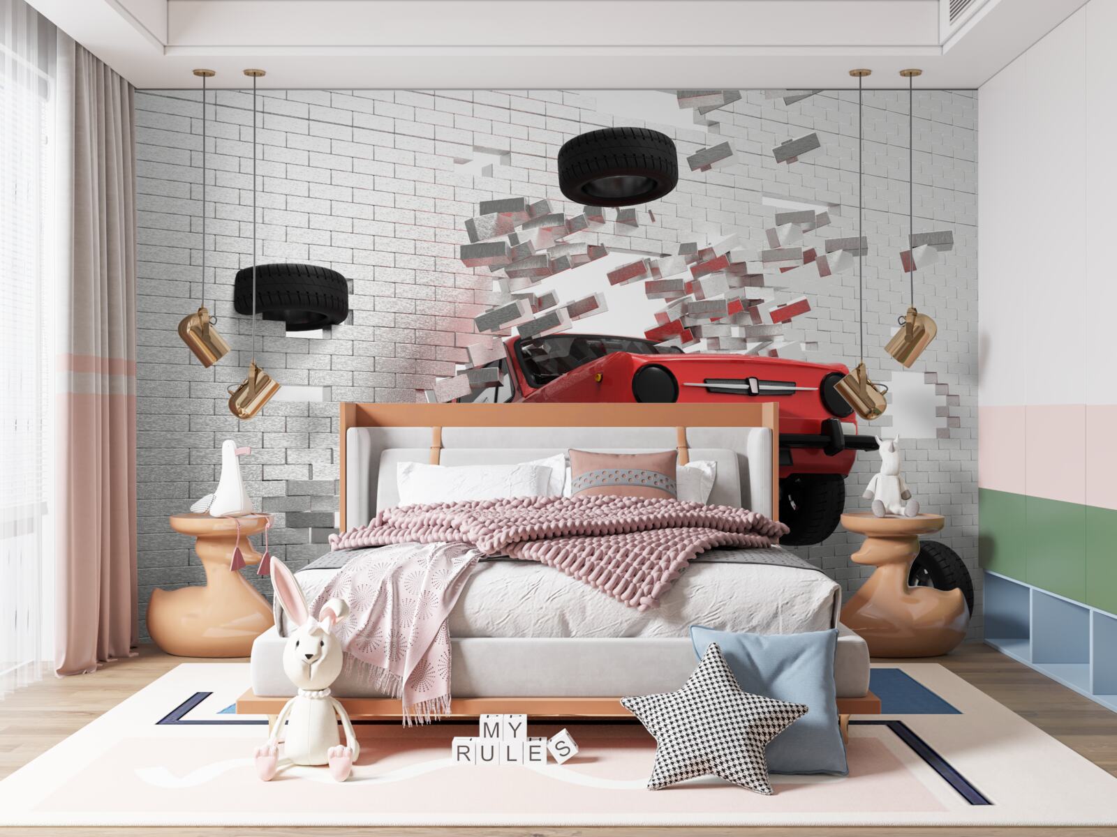 Fotobehang auto slaat door bakstenen muur