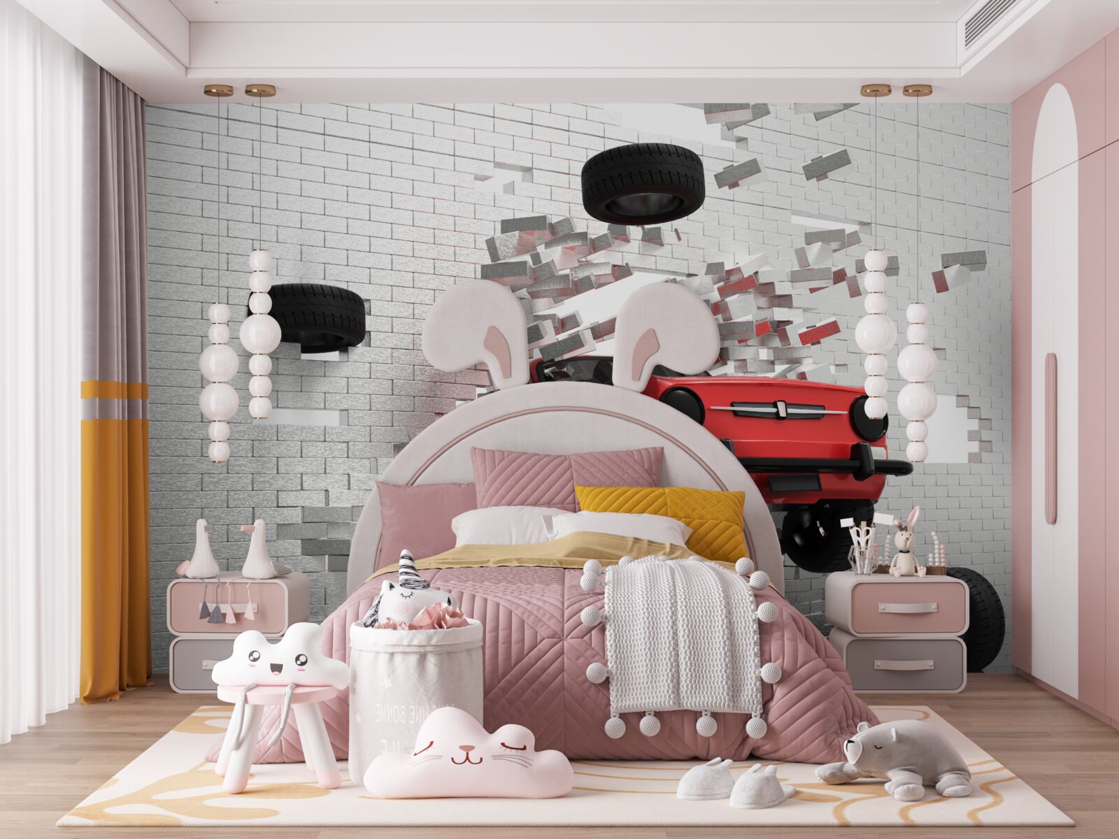 Fotobehang auto slaat door bakstenen muur