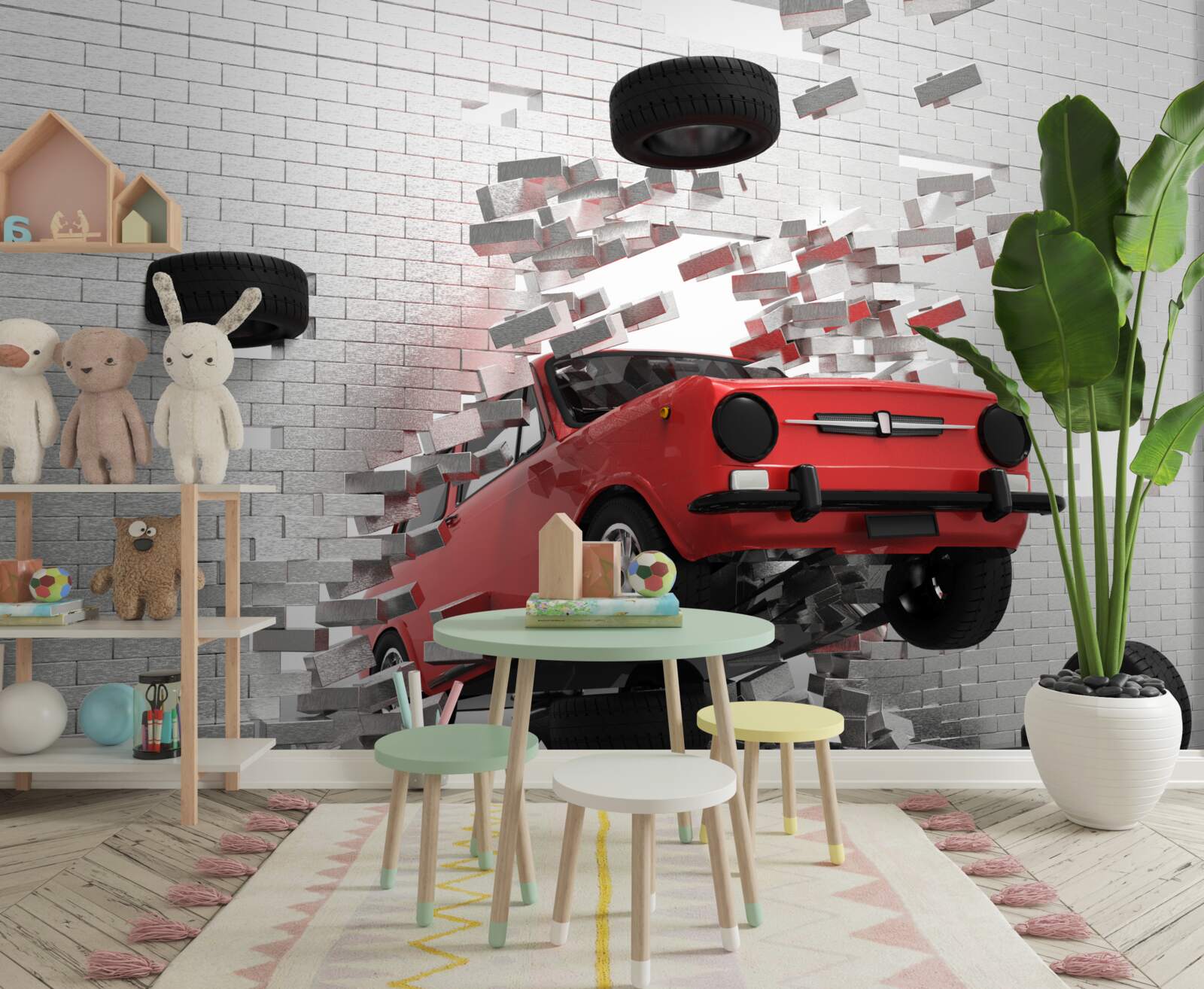 Fotobehang auto slaat door bakstenen muur