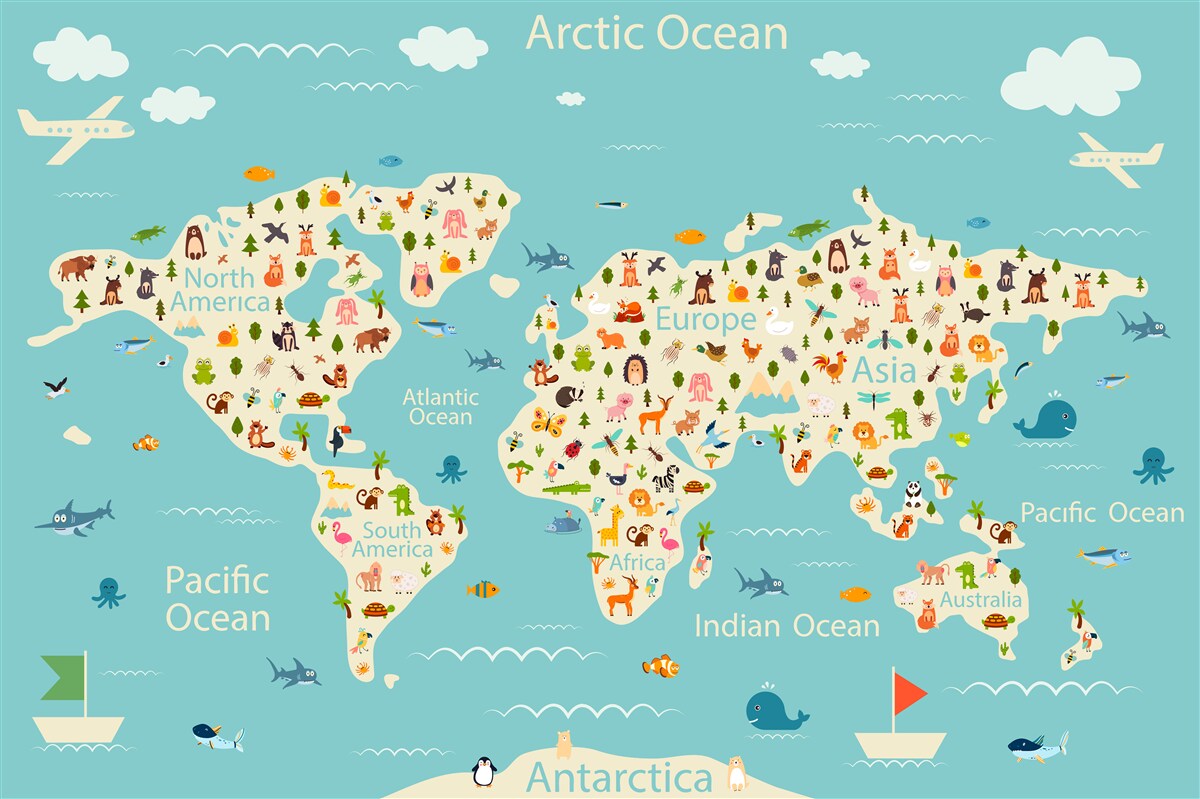 Fotobehang wereldkaart met bevolking en natuurlijke elementen