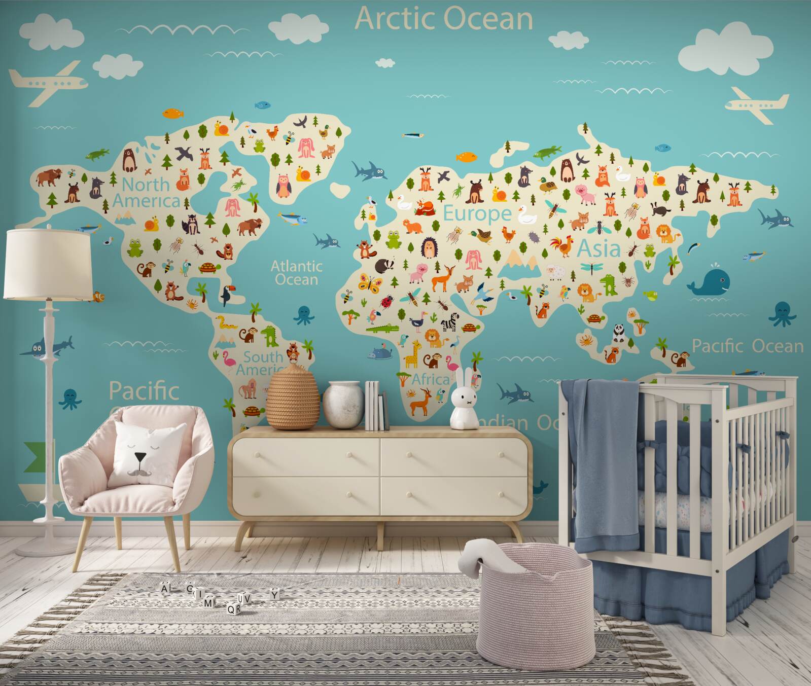 Fotobehang wereldkaart met bevolking en natuurlijke elementen