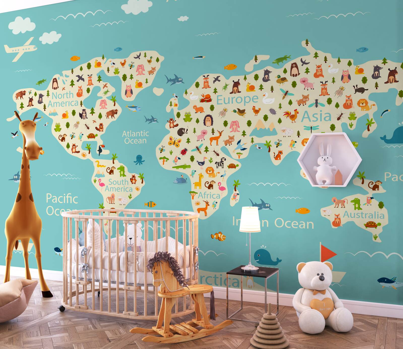 Fotobehang wereldkaart met bevolking en natuurlijke elementen