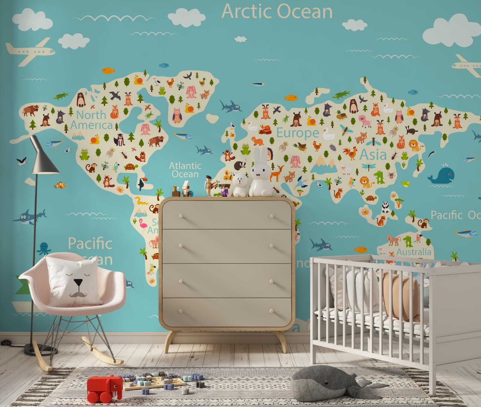 Fotobehang wereldkaart met bevolking en natuurlijke elementen