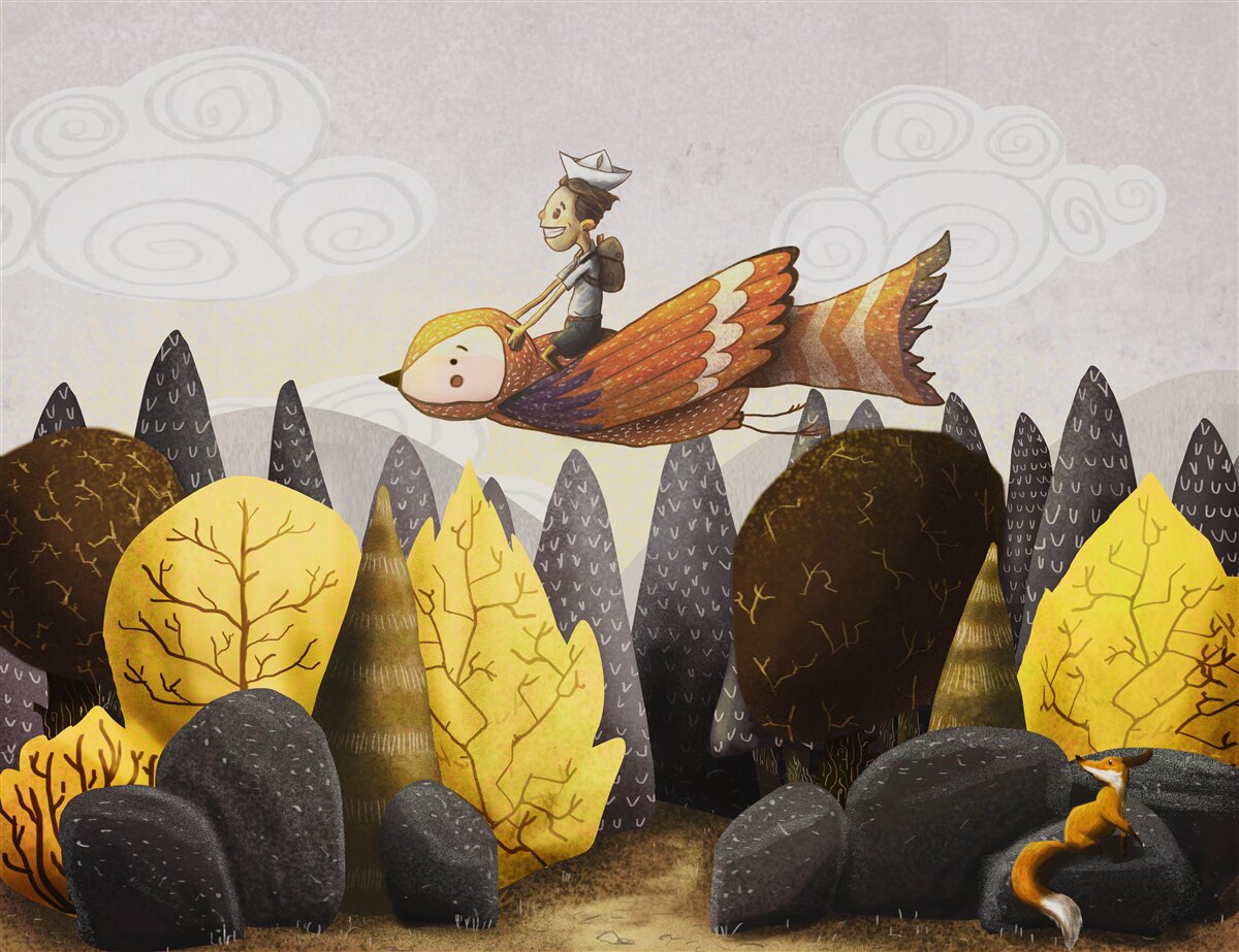 Fotobehang jonge man berijdt een vogel