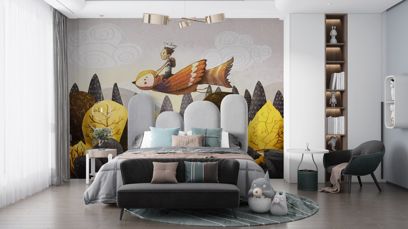 Fotobehang jonge man berijdt een vogel