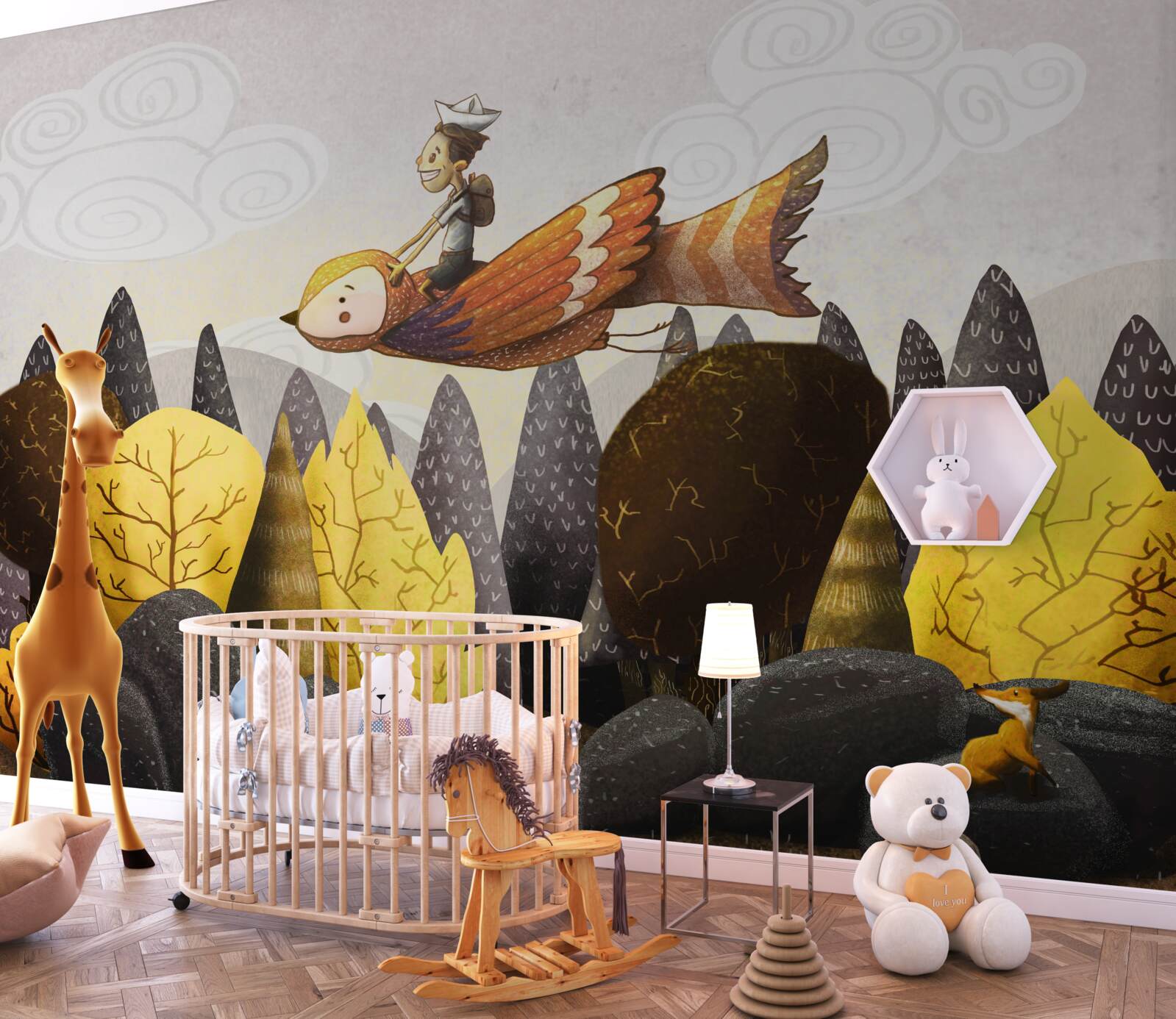 Fotobehang jonge man berijdt een vogel