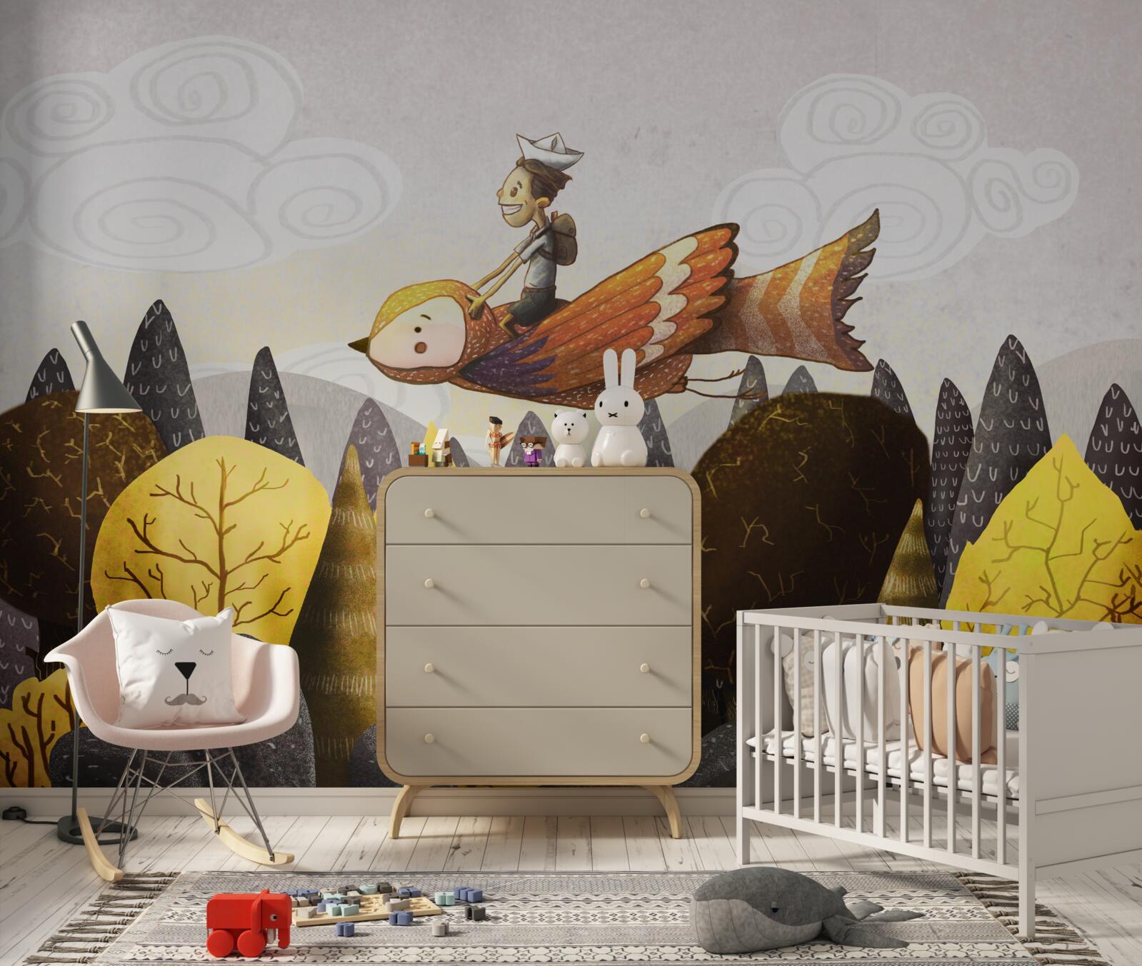 Fotobehang jonge man berijdt een vogel