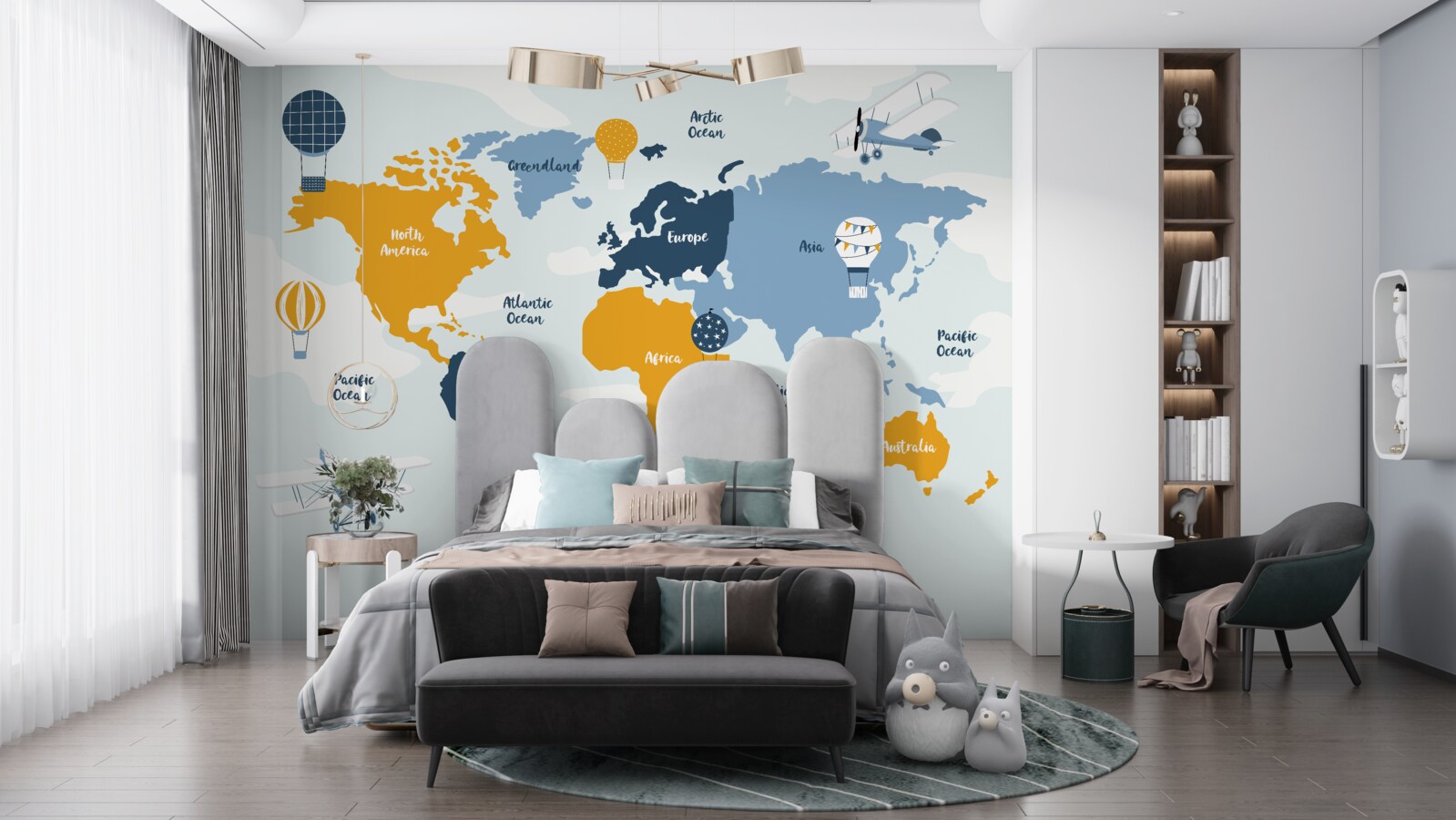 Fotobehang wereldkaart met de namen van de continenten in kleur