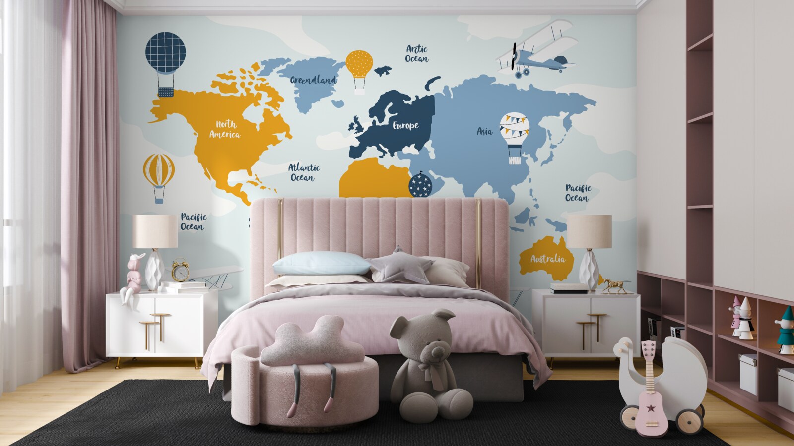 Fotobehang wereldkaart met de namen van de continenten in kleur