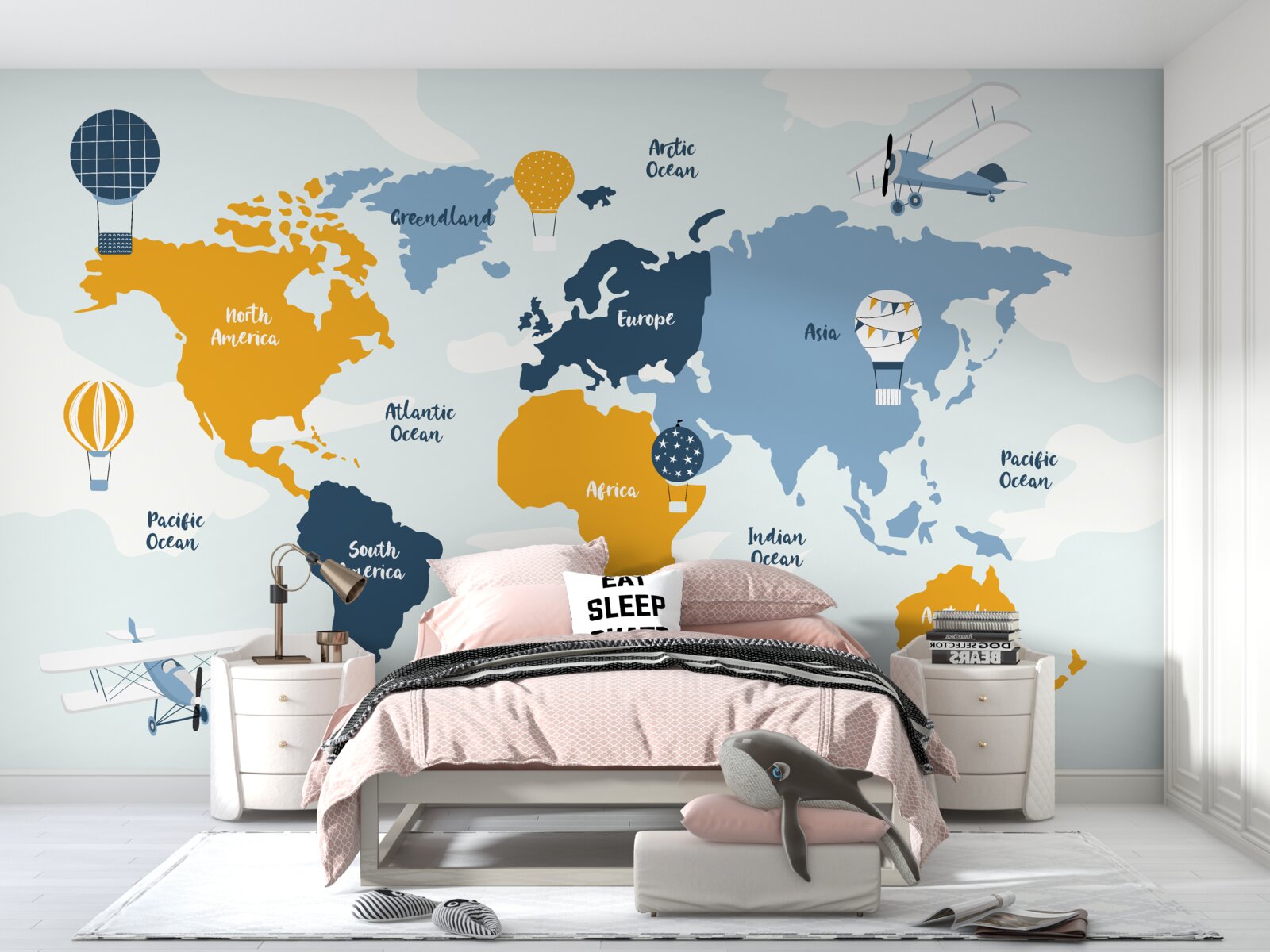 Fotobehang wereldkaart met de namen van de continenten in kleur