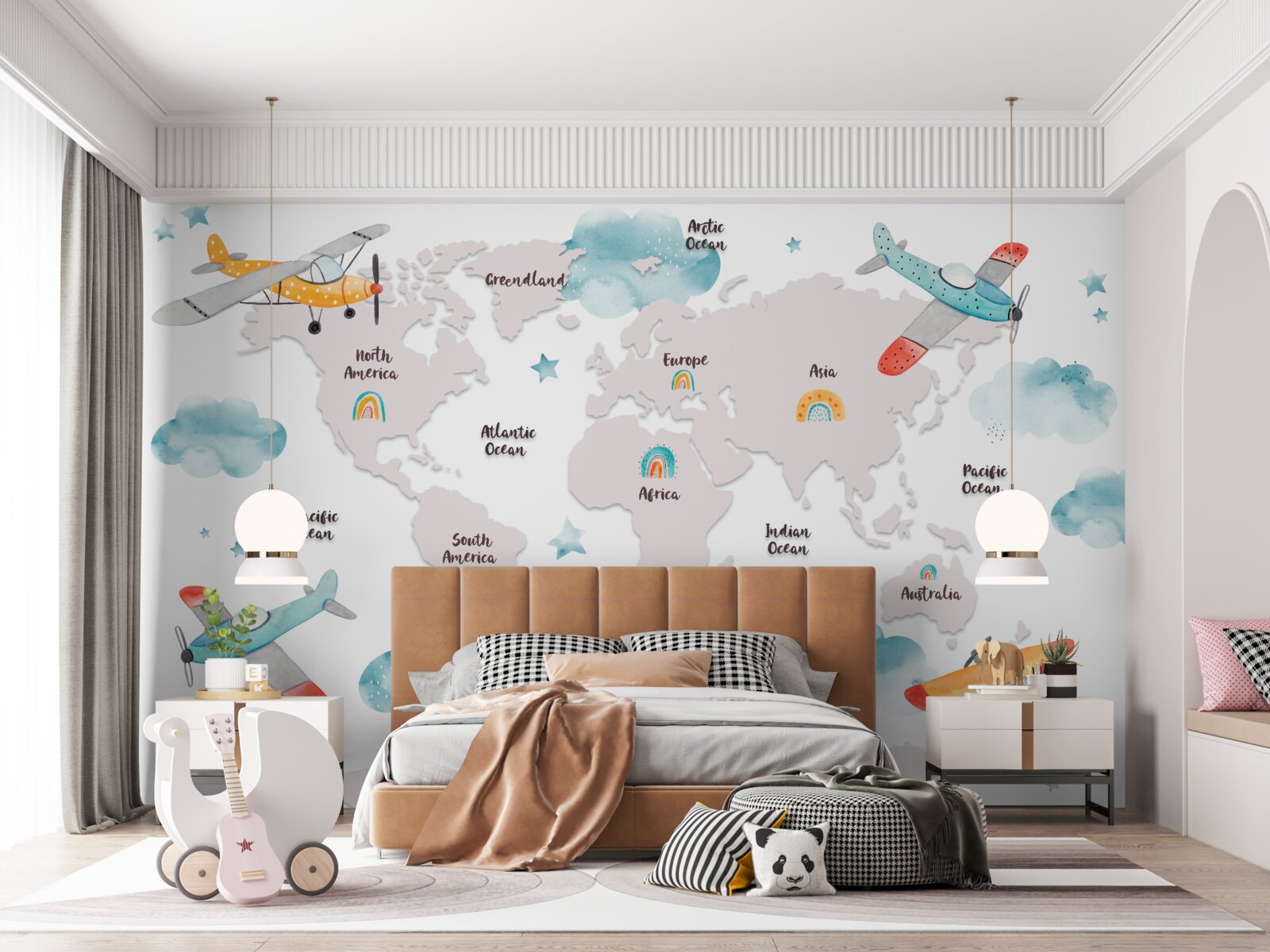 Fotobehang namen van continenten en vlakken op een planeetkaart