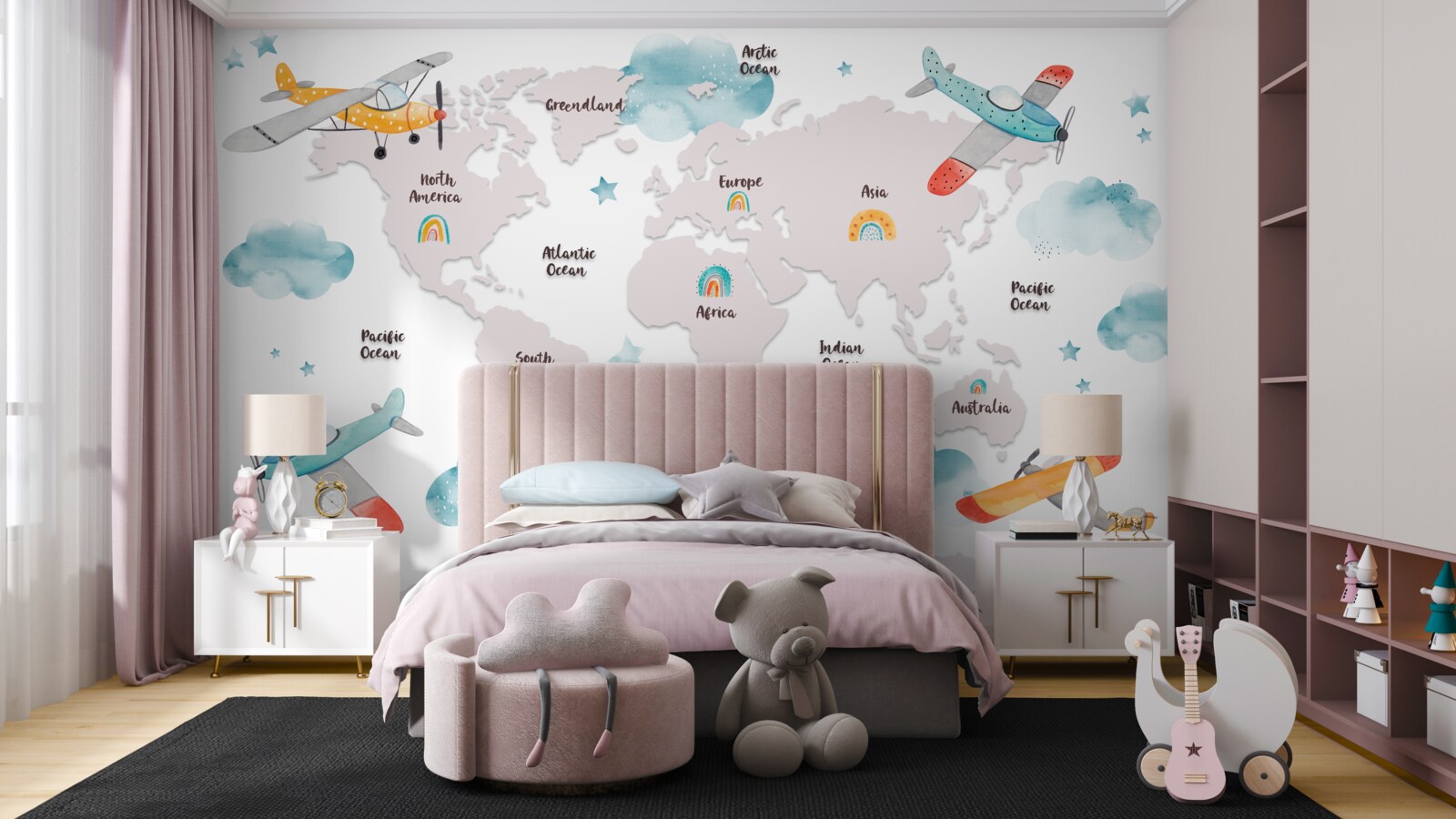 Fotobehang namen van continenten en vlakken op een planeetkaart