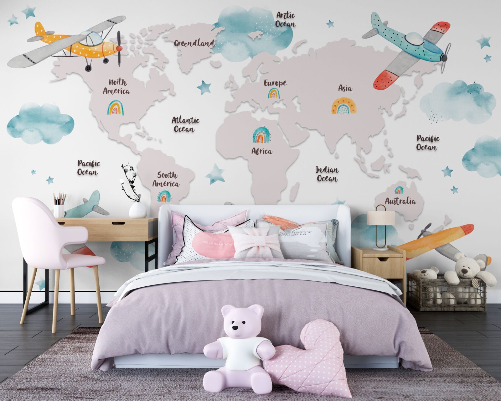 Fotobehang namen van continenten en vlakken op een planeetkaart