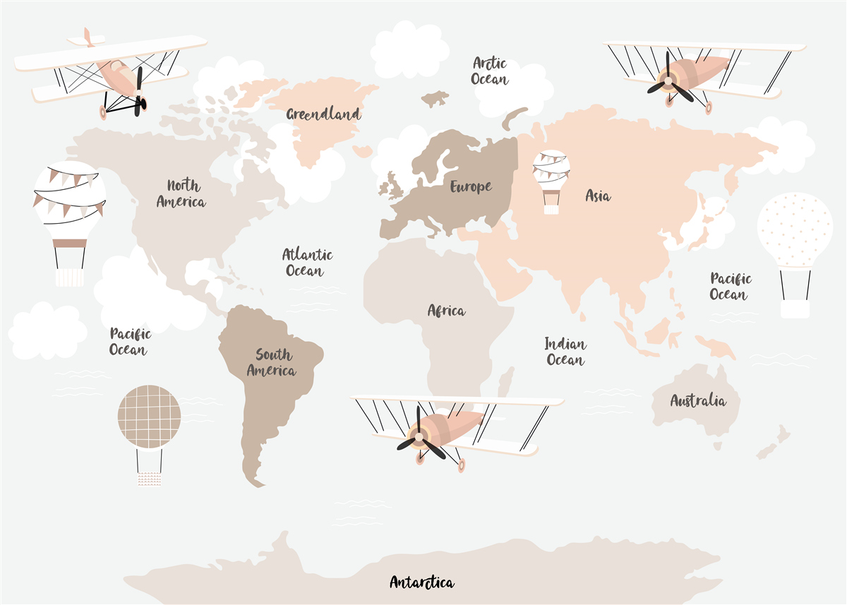 Fotobehang namen van de continenten op de wereldbol