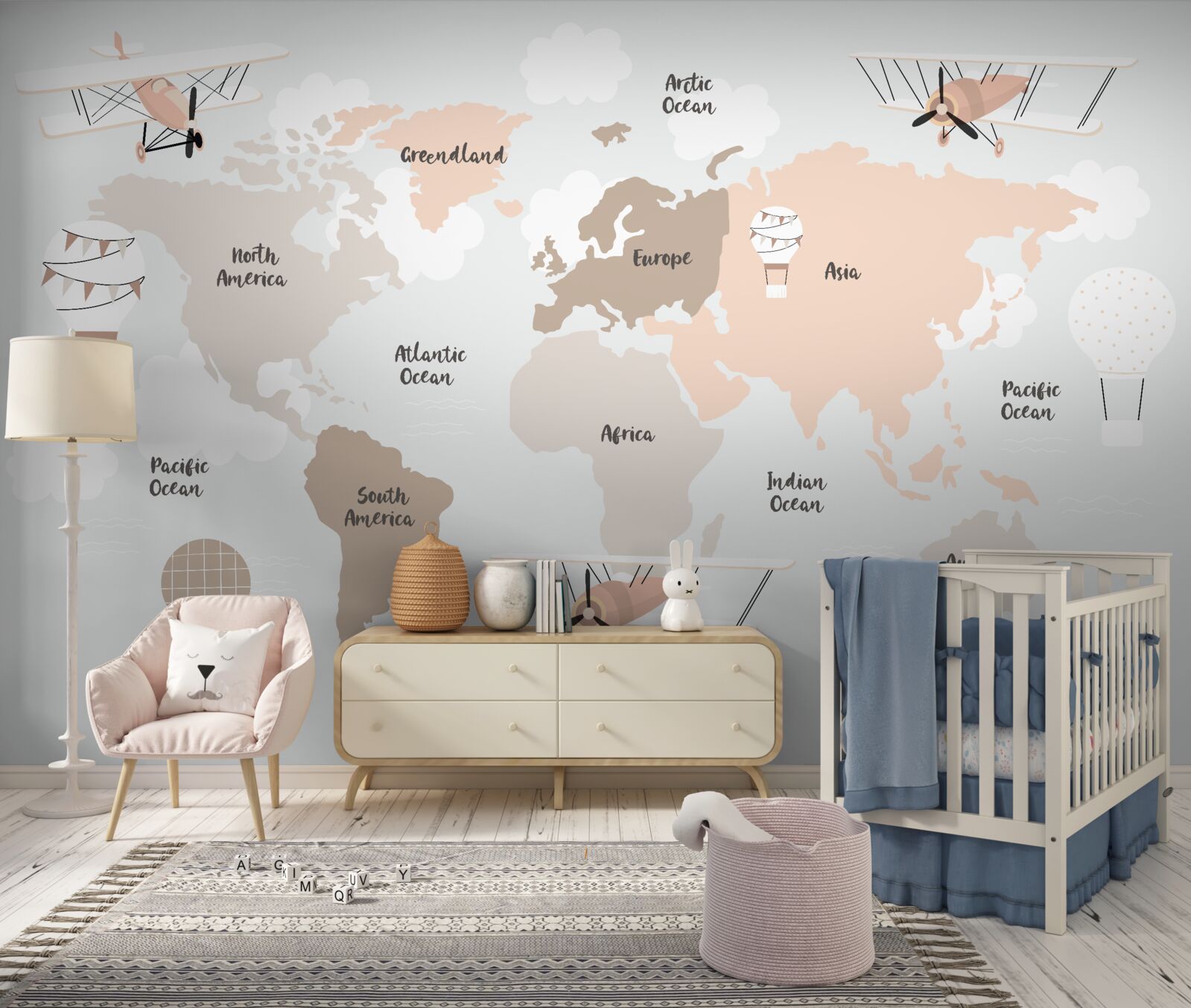 Fotobehang namen van de continenten op de wereldbol