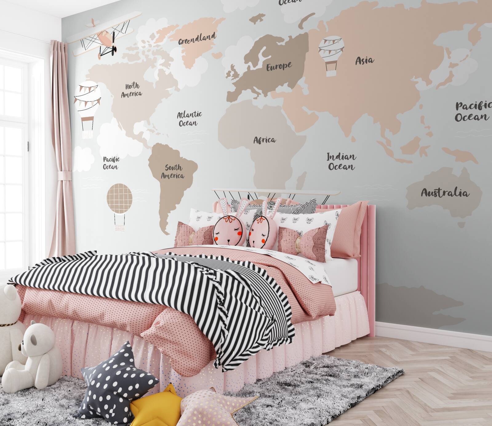 Fotobehang namen van de continenten op de wereldbol