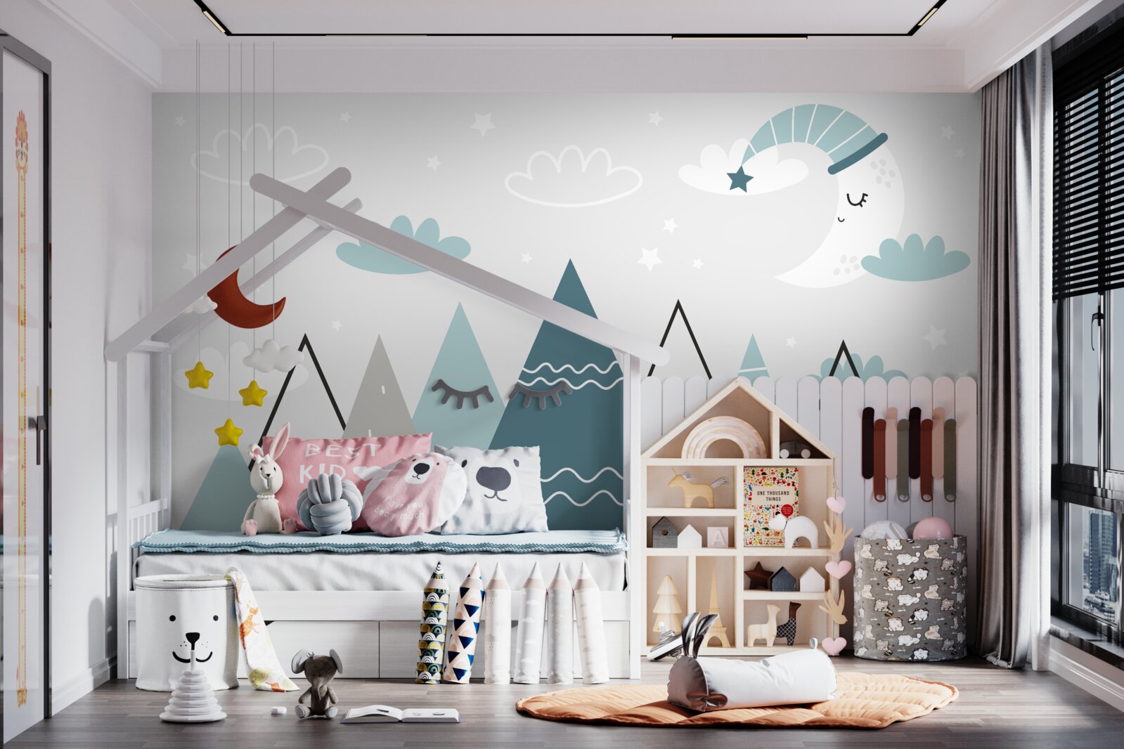 Fotobehang de bergen en de maan vallen in slaap