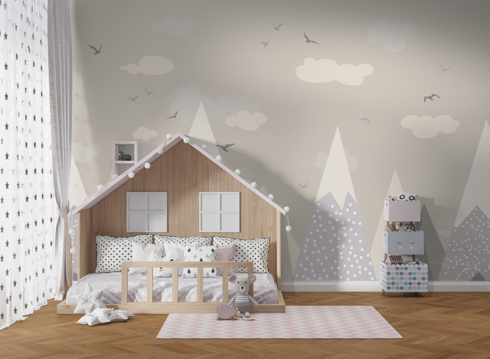 Fotobehang besneeuwde bergtoppen en vogels