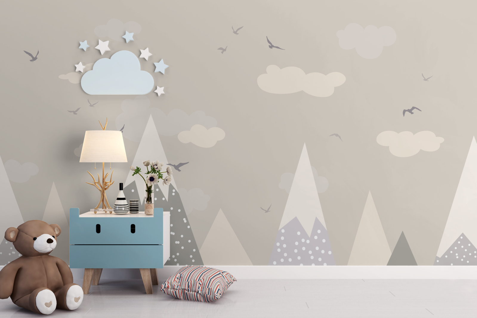 Fotobehang besneeuwde bergtoppen en vogels