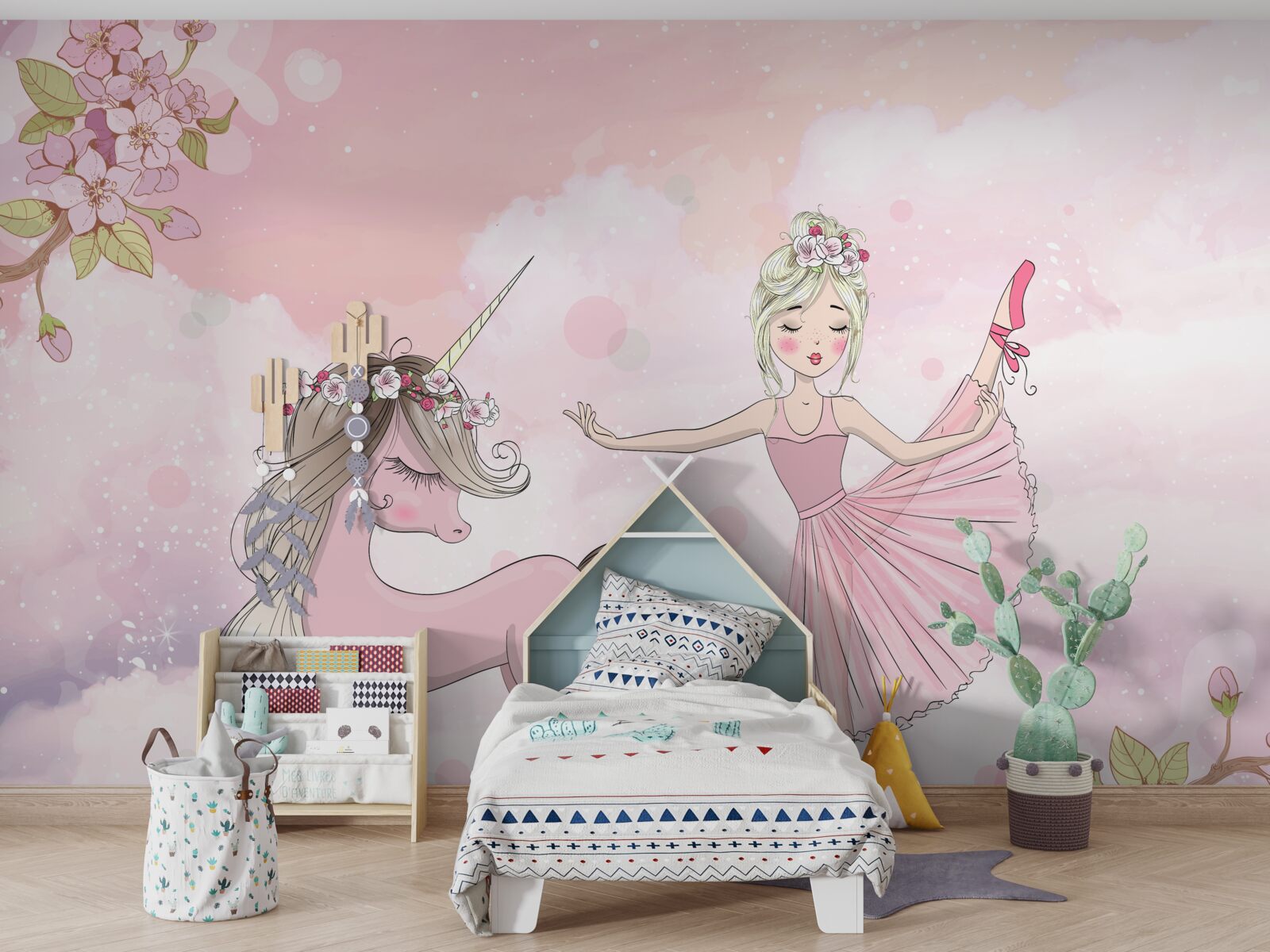 Fotobehang eenhoorn danst met een fee