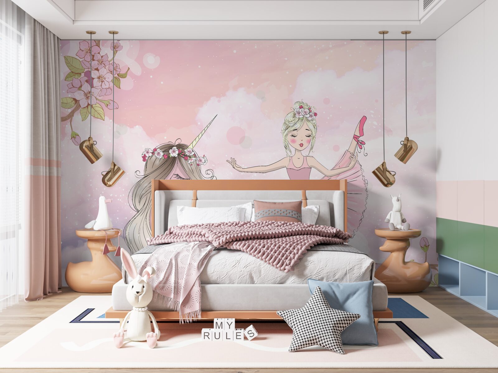 Fotobehang eenhoorn danst met een fee