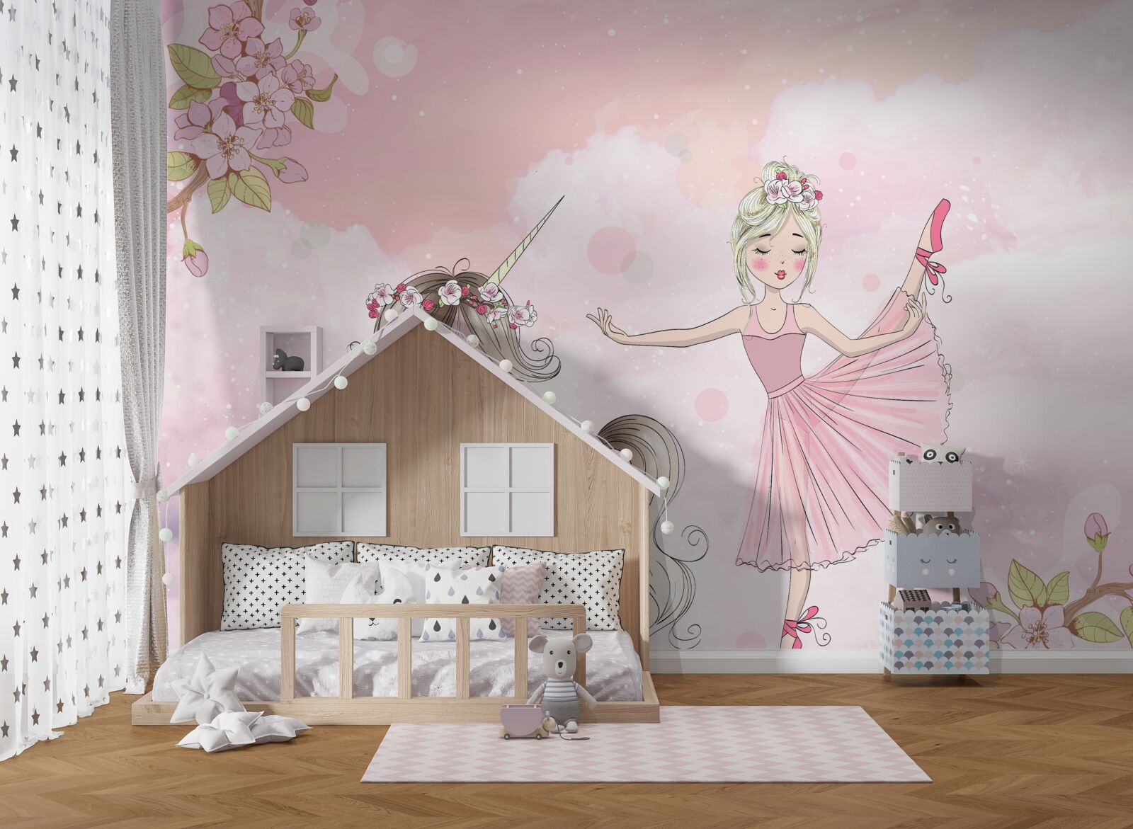 Fotobehang eenhoorn danst met een fee