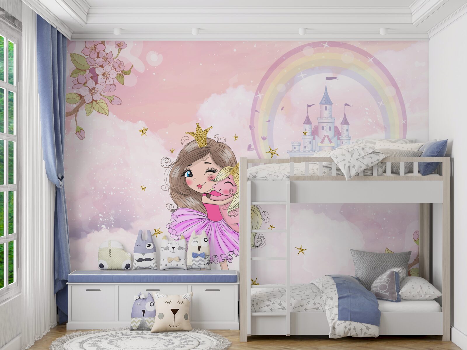 Fotobehang bij het kasteel is een fee en haar eenhoornvriendin