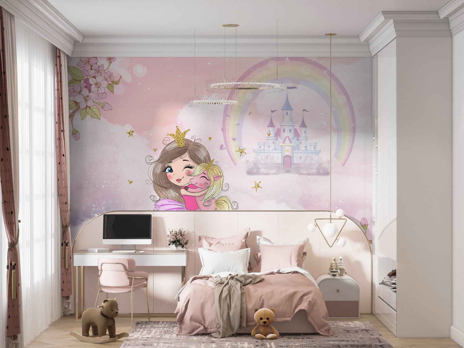 Fotobehang bij het kasteel is een fee en haar eenhoornvriendin